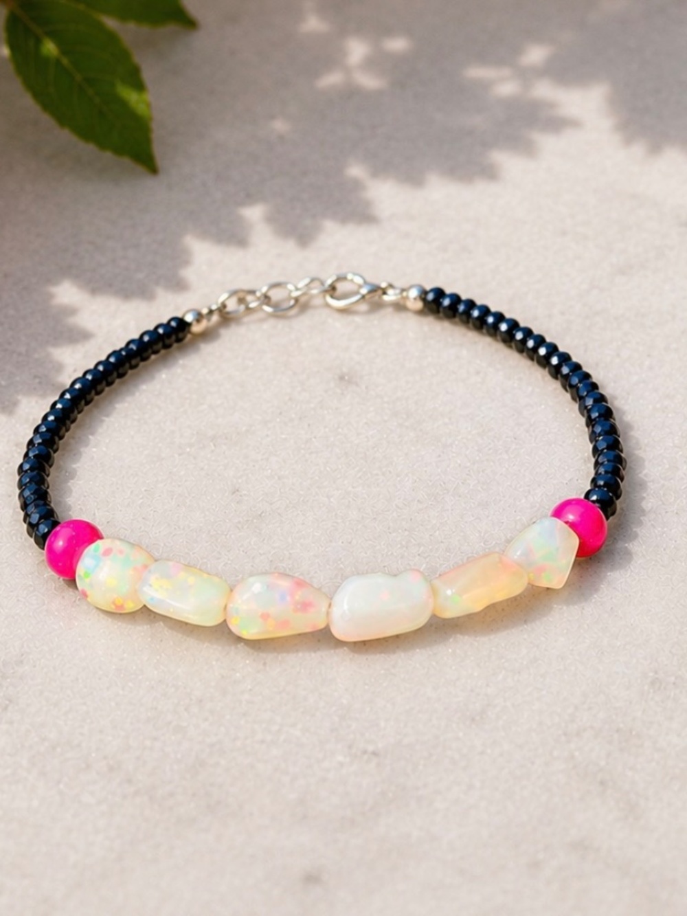 New Natural Black Spinel, Welo Opal , Ruby Bracelet Solid 14K White Gold